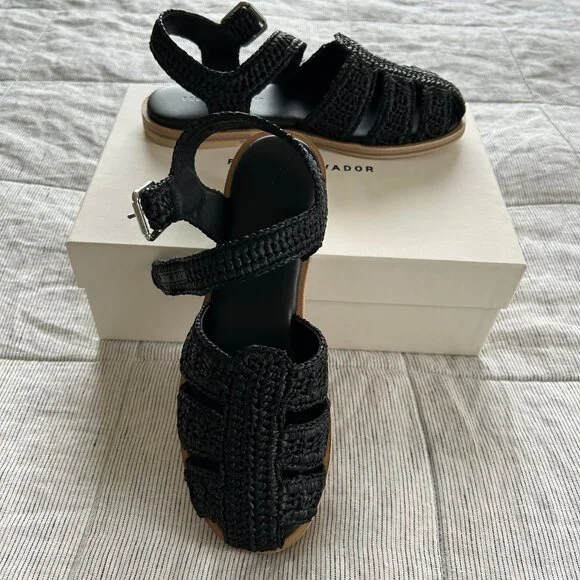 FREDA SALVADOR Sera Fisherman sandal in black raffia, size 7, NEW in box - Picture 9 of 12